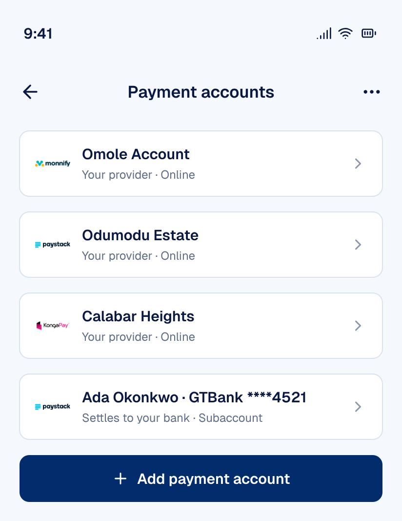 Payment accounts with Monnify, Paystack, and KongaPay plus a bank settlement subaccount